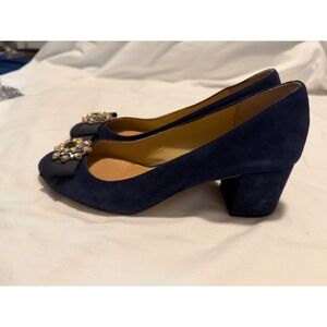Talbots Navy Blue Suede Block Heel Pumps Jeweled Bow Round Toe Shoes 8M